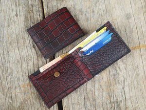 Husband Gift, Boyfriend gift, Father gift, Men's leather bifold wallet, thin leather wallet, Traditional Alligator Texture Oxblood Wallet - leathersguru