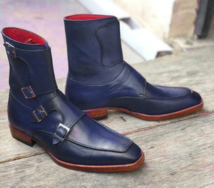 Bespoke Blue Leather Ankle Three Monk Strap Boot - leathersguru