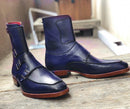 Bespoke Blue Leather Ankle Three Monk Strap Boot - leathersguru