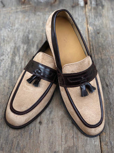 Bespoke Beige Brown Tussle Loafer Leather  Shoe for Men - leathersguru