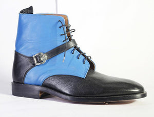 Bespoke Black Sky Blue Leather Ankle Buckle Up Boots - leathersguru