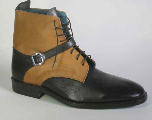 Bespoke Black Beige Leather Ankle Buckle Up Lace Up Boots - leathersguru