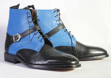 Load image into Gallery viewer, Bespoke Black Sky Blue Leather Ankle Buckle Up Boots - leathersguru
