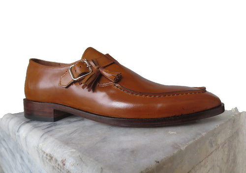 Bespoke Brown Leather Monk Strap Tussle Loafer Shoe for Men - leathersguru