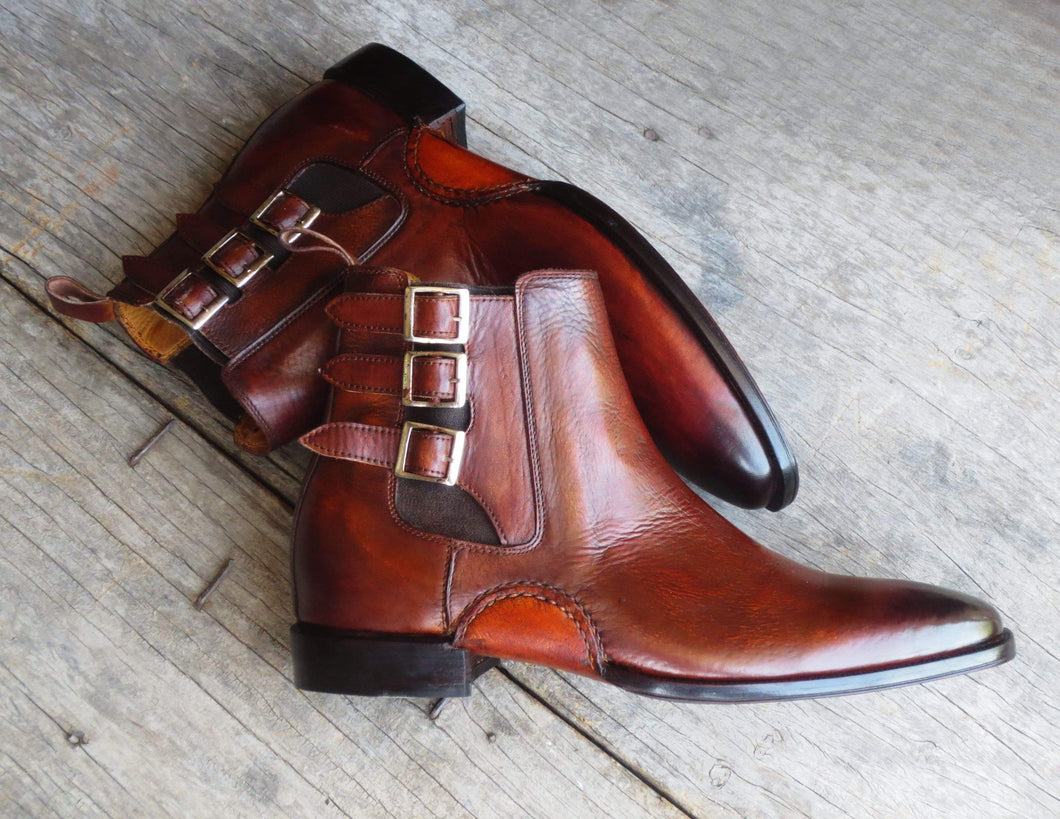 Handmade Brown Leather Triple Buckle Boot - leathersguru