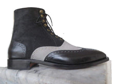 Load image into Gallery viewer, Leather Suede Wing Tip Gray Black Handmade Boot - leathersguru
