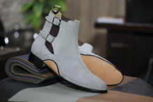 Load image into Gallery viewer, Men&#39;s Handmade Grey Suede Boot, Double Buckle Style Classic Boot
