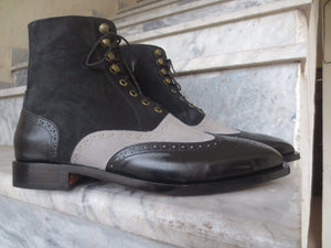 Leather Suede Wing Tip Gray Black Handmade Boot - leathersguru