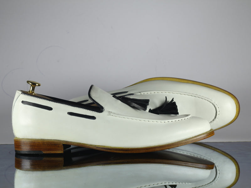 White Loafer Tussle Leather Shoes ,Handmade Formal Shoes