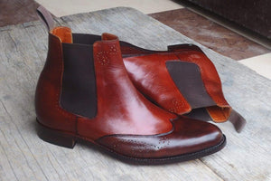 Handmade Brown Leather Wing Tip Chelsea Boot - leathersguru