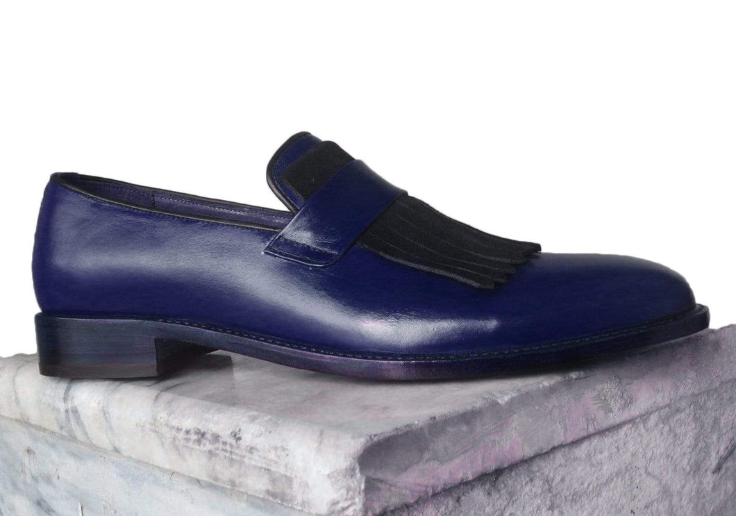 Men's Navy Blue Slip On Moccasin Fringe Shoes - leathersguru