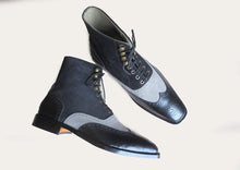 Load image into Gallery viewer, Leather Suede Wing Tip Gray Black Handmade Boot - leathersguru
