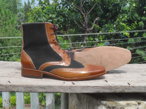Men's Ankle High Brown Black Leather Suede Cap Toe Boot - leathersguru