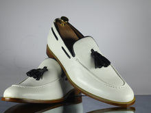 Load image into Gallery viewer, White Loafer Tussle Leather Shoes ,Handmade Formal Shoes
