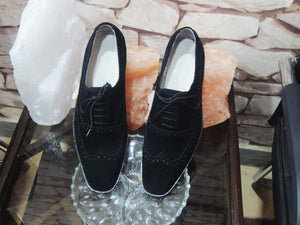 Handmade Men's Suede Black Wing Tip Brogue Shoes - leathersguru