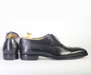 Bespoke Black Leather Cap Toe Lace Up Shoes - leathersguru