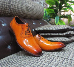 Handmade Tan Color Brogue Lace Up Shoes - leathersguru