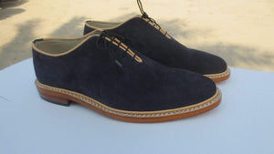 Handmade Navy Blue Suede Derby Lace Up Shoes - leathersguru