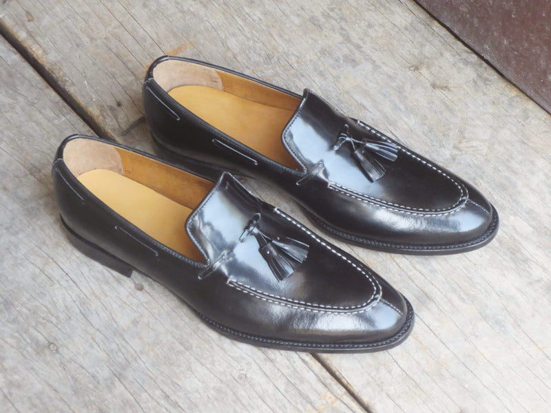 Handmade Black Loafers Leather Tussles Shoe - leathersguru