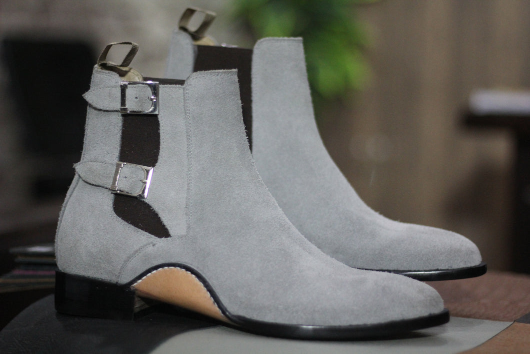 Men's Handmade Grey Suede Boot, Double Buckle Style Classic Boot