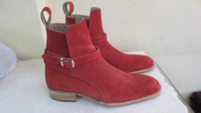 Load image into Gallery viewer, Handmade Red Suede Buckle Jodhpurs Boots - leathersguru
