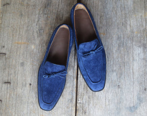 Bespoke Navy Blue Tussle Loafer Suede Shoe for Men's - leathersguru