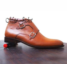 Load image into Gallery viewer, Handmade Tan Leather Double Monk Strap Boots - leathersguru
