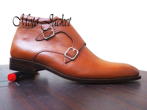 Handmade Tan Leather Double Monk Strap Boots - leathersguru