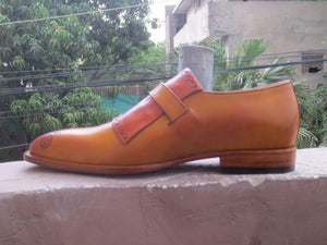 Handmade Tan Monk Strap Leather Brogue Shoes - leathersguru