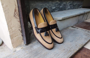 Handmade Men's Beige Suede Tussles Loafers - leathersguru