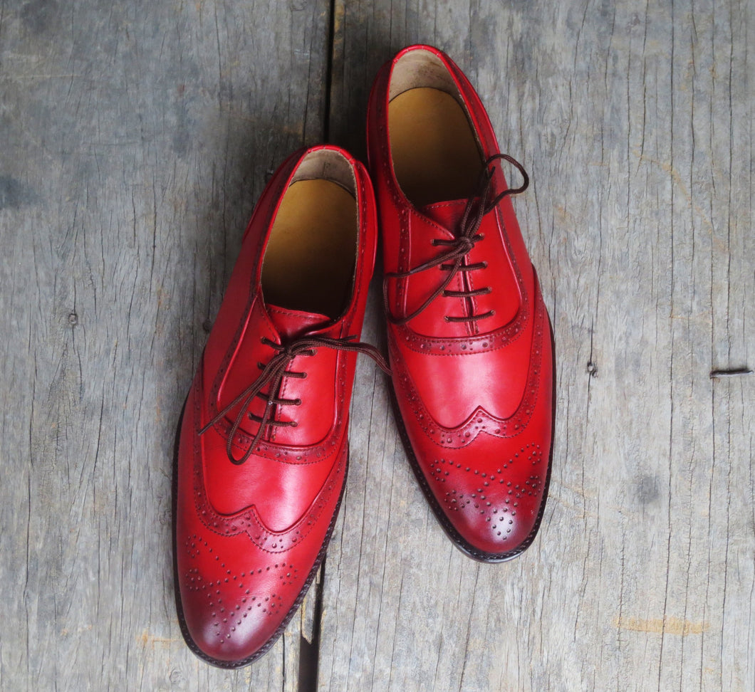 Bespoke Red Leather Wing Tip Lace Up Shoes for Men's - leathersguru