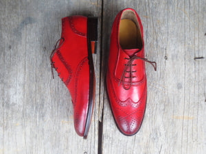 Bespoke Red Leather Wing Tip Lace Up Shoes for Men's - leathersguru
