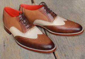 Men's Brown & White Wing Tip Leather Shoe - leathersguru