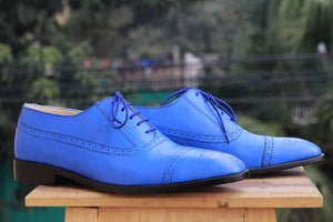 Bespoke Sky Blue Leather Cap Toe Lace Up Shoes for Men's - leathersguru