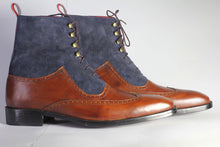 Load image into Gallery viewer, Bespoke Navy Blue Burgundy Leather Suede Wing Tip Lace Up Boots - leathersguru
