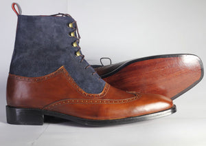 Bespoke Navy Blue Burgundy Leather Suede Wing Tip Lace Up Boots - leathersguru