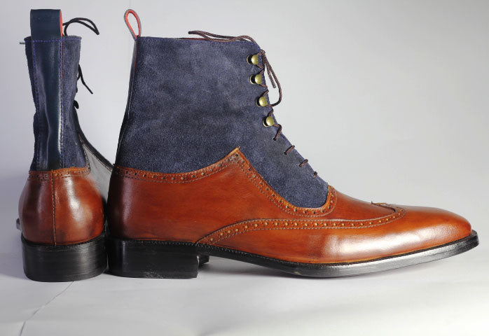 Bespoke Navy Blue Burgundy Leather Suede Wing Tip Lace Up Boots - leathersguru