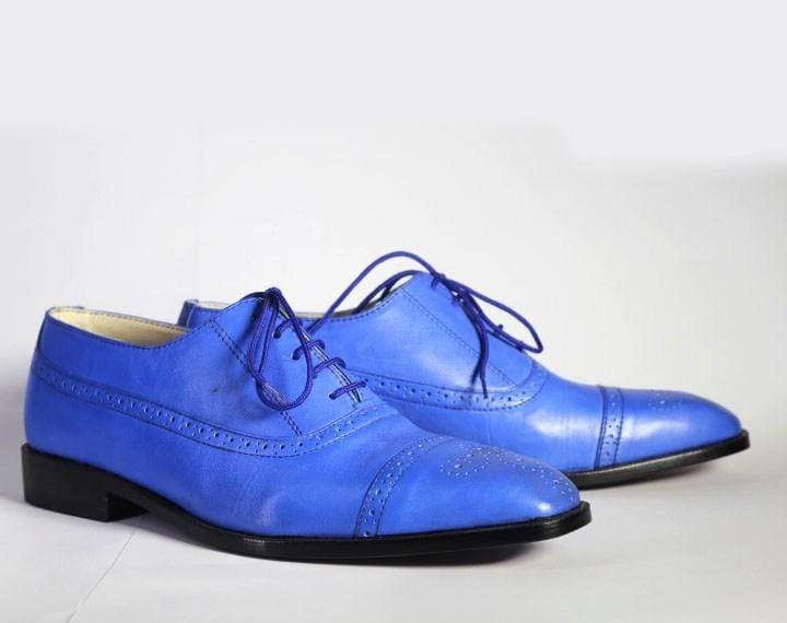 Men's Blue Cap Toe Lace Up Leather Shoe - leathersguru