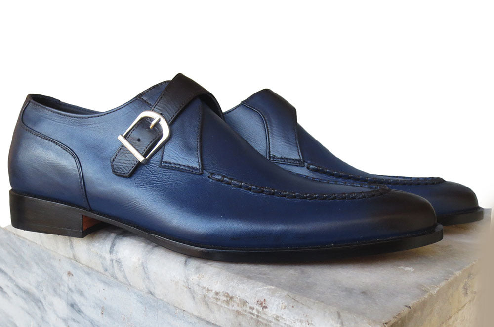Bespoke Blue Leather Monk Strap Shoe for Men - leathersguru