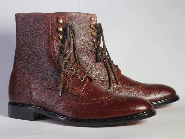 Ankle Dark Brown Wing Tip Lace Up Pebbled Leather Boots - leathersguru