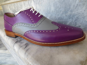 Bespoke Purple Gray Leather Wing Tip Shoes for Men's - leathersguru