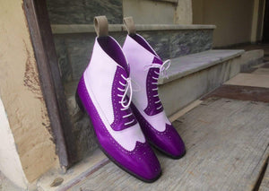 Handmade Purple White Ankle Leather Boot - leathersguru
