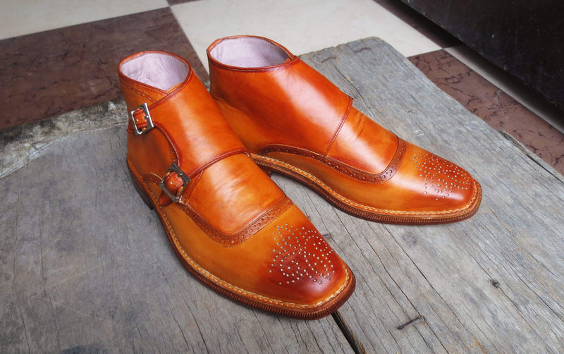 Handmade Tan Leather Brogue Toe Monk Boots - leathersguru