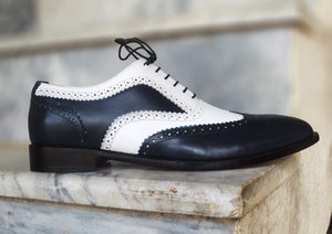 Handmade Men's Black White Leather Lace Up Tip Shoe - leathersguru