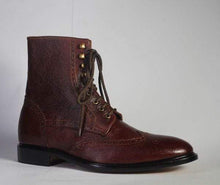 Load image into Gallery viewer, Ankle Dark Brown Wing Tip Lace Up Pebbled Leather Boots - leathersguru
