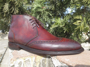 Handmade Men's Burgundy Leather Chukka Wing Tip Boot - leathersguru