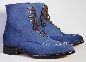 Bespoke Blue Suede Ankle Lace Up Boot - leathersguru