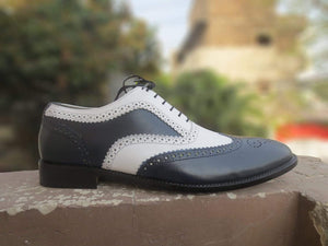 Handmade Men's Black White Leather Lace Up Tip Shoe - leathersguru