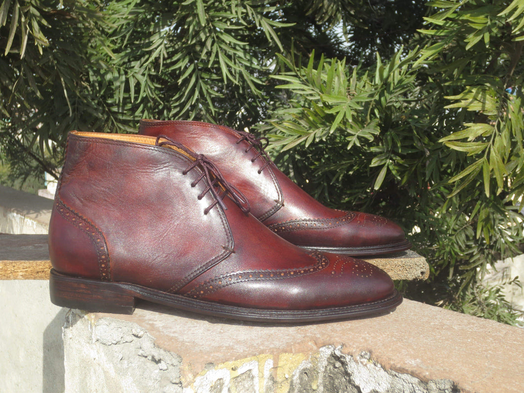 Handmade Men's Burgundy Leather Chukka Wing Tip Boot - leathersguru