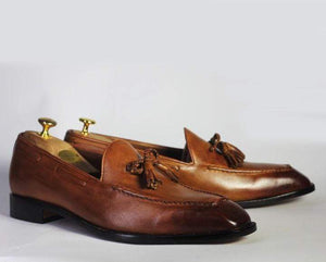 Handmade Brown Tussles Leather Loafers For Men's - leathersguru